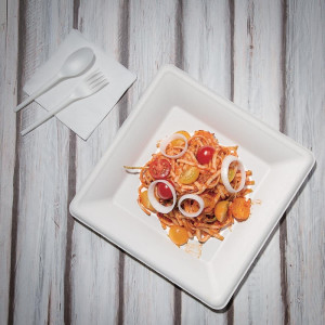 Tanjuri kvadratnog oblika od biorazgradive bagasne 261 mm - Paket od 50 - Ekološki i praktični